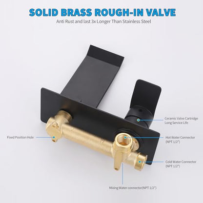 Bathroom Faucets Wall Mount Waterfall Faucet Single Handle Vessel Sink Faucet with Brass Rough-in Valve Storage Countertop Holder for Lavatory Vanity Washroom Basin Wall Tap Matte Black