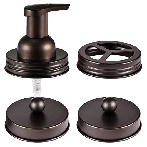 Mason Jar Bathroom Accessories Set(4pcs) - Jars Not Included, Brown | Foaming Soap Dispenser,Toothbrush Holder, and Apothecary Storage Jars Lids -Rustic Farmhouse Decor - color: Bronze, size: 4 Regular Mouth