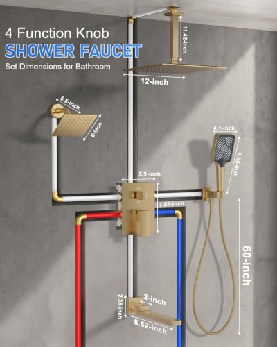 Woindo 4 Function Shower Faucet Set 12" Rain Shower Head/6'' Side Shower Head and 3 Setting Handheld Ceiling Mount Push Button Diverter Complete Rainfall Round Shower System Included Valve Trim Kit - color: Brushed Gold, style: 4-Function-Ceiling