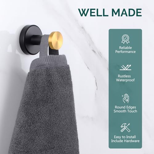 Angle Simple Bathroom Towel Hook, Robe Towel Holder, Black and Gold | Quality Rustproof Stainless Steel, Thick Round Hook for Shower Closet Kitchen Entryway, Hang Bathrobes Hats Bags, Wall Mount - color: Black & Gold, size: 1 Pack