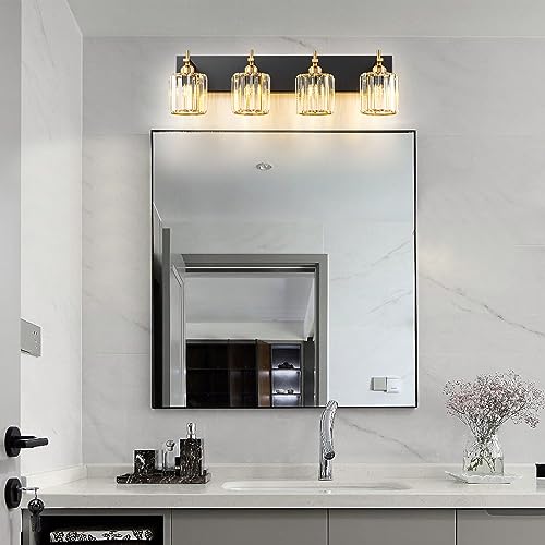 Black Gold Crystal Bathroom Vanity Light, Modern 4-Lights Bathroom Light Fixtures Over Mirror, Crystal Wall Lighting with Polished Gold Finish - color: Black Gold-Round Shade, size: 4-Light