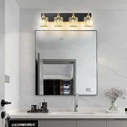 Black Gold Crystal Bathroom Vanity Light, Modern 4-Lights Bathroom Light Fixtures Over Mirror, Crystal Wall Lighting with Polished Gold Finish - color: Black Gold-Round Shade, size: 4-Light