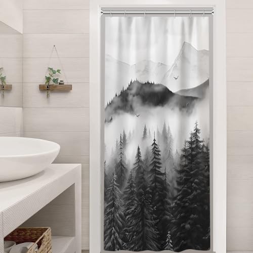 Black Forest Stall Shower Curtain with Hooks, 36x72 Inch | Waterproof Small Narrow Nature Foggy Mountain Bathroom Curtain for Shower Stall, Soft and Lightweight, Machine Washable - color: Black, size: 36"W x 72"L (Pack of 1)