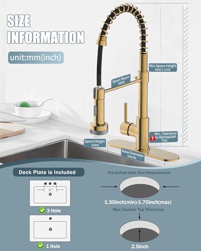 LED Kitchen Faucet, Brushed Gold Kitchen Faucet with Soap Dispenser and Deck Plate, Faucet for Camper Farmhouse RV Kitchen Sink, Single Handle Kitchen Sink Faucets with Pull Down Sprayer - color: C-Brushed Gold, style: Rustic
