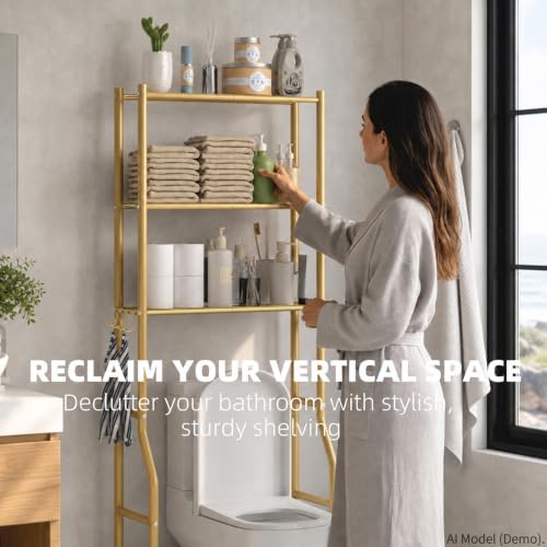GloTika 3-Tier Over Toilet Storage, Anti-Tilt, 64" H, Gold | Anti-Tilt Safety System, 150lb Capacity, Carbon Steel, Freestanding, No Drilling, Anti-Rust Coating, Paper Holder & 4 Hooks - color: Gold, size: 3-Tier