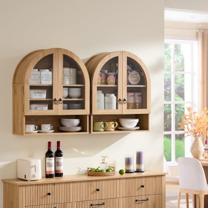 IFGET Bathroom Arched Wall Cabinet, 23.6'' Wide Medicine Cabinet with Adjustable Shelves & Glass Doors, Over The Toilet Storage Wall Mount Cabinet for Laundry Room, Kitchen & Living Room, Natural Oak - color: Natural Oak