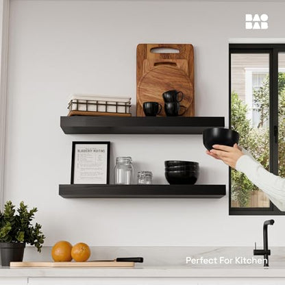 Solid Wood Floating Shelves for Wall 24 inch Black, Wooden Bathroom Shelf | Real Wood, Wall Mounted, Heavy Duty, Bedroom Kitchen Living Room, Black Finish, 24W x 6.7D, Set of 2 - color: Black, size: 24 Inch