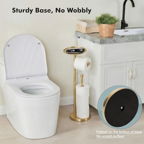 Freestanding Toilet Paper Holder with Shelf, Gold Toilet Paper Stand with Storage Tray and Space for 4 Extra Rolls - color: Gold