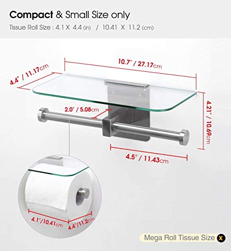 JackCubeDesign Double Toilet Paper Holder with Glass Shelf, Wall Mount Stainless Steel Dual Tissue Dispenser Holders for Bathroom (Glass Type2) - MK428D