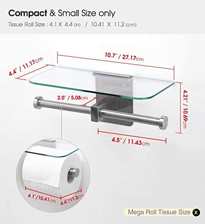JackCubeDesign Double Toilet Paper Holder with Glass Shelf, Wall Mount Stainless Steel Dual Tissue Dispenser Holders for Bathroom (Glass Type2) - MK428D