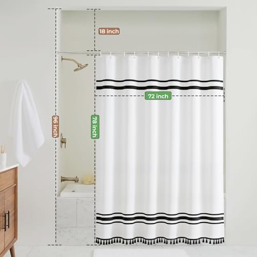 Seasonwood Black and White Shower Curtain,78-Inch Striped Shower Curtain | Water-resistant fabric, textured fringe detail, modern boho styling, decorative bathroom update for tubs and showers - size: 72"W x 78"L (Pack of 1)