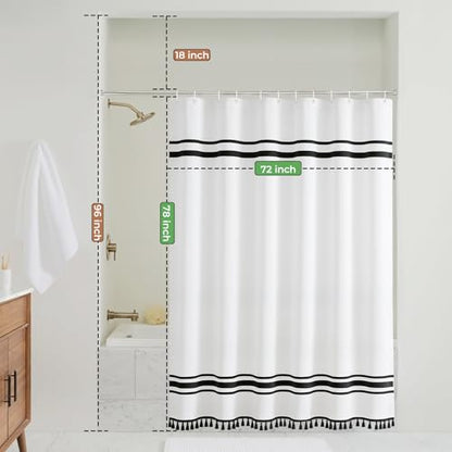 Seasonwood Black and White Shower Curtain,78-Inch Striped Shower Curtain | Water-resistant fabric, textured fringe detail, modern boho styling, decorative bathroom update for tubs and showers - size: 72"W x 78"L (Pack of 1)