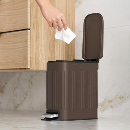 TrashAid Slim Bathroom Trash Can with Lid Soft Close & Pedal, 1.6Gal, Brown | Removable Inner Bucket, Stainless Steel Garbage Can, Small Wastebasket for Toilet/Office/Bedroom, Retro Design, Odor Control - color: Brown
