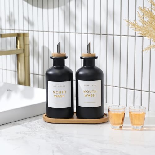 11.8OZ Glass Mouthwash Dispenser, Set of 2, Black | Stainless Steel & Bamboo Nozzle, Reusable Mouthwash Cup, Bamboo Tray, Elegant Gold Sticker - color: Black/350*2
