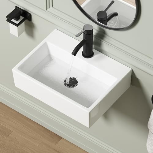 Wall Mounted Bathroom Vessel Sink, QISHKA 19" X 14" Rectangular Floating Ceramic Wash Hand Basin White Wall Hung Vanity Sink for Bathroom and Cloakroom - size: 19.3" x 14" x 5.1"