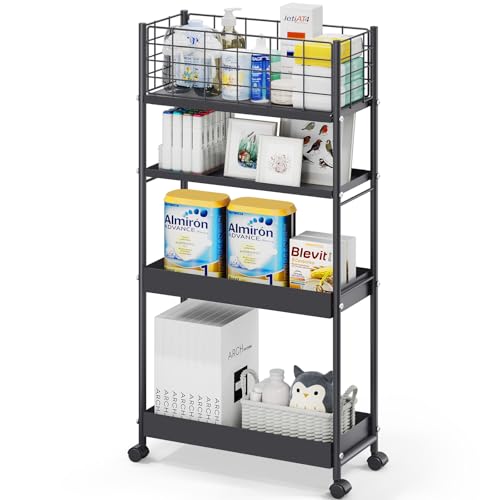 KINGRACK 4 Tier Slim Rolling Cart, Metal Utility Storage Cart with Wheels | 5.7" Raised Edge, Narrow Space Trolley Organizer for Bathroom, Kitchen, Office, Dorm, Laundry, Living Room, Black - color: Black, size: 4-Tier