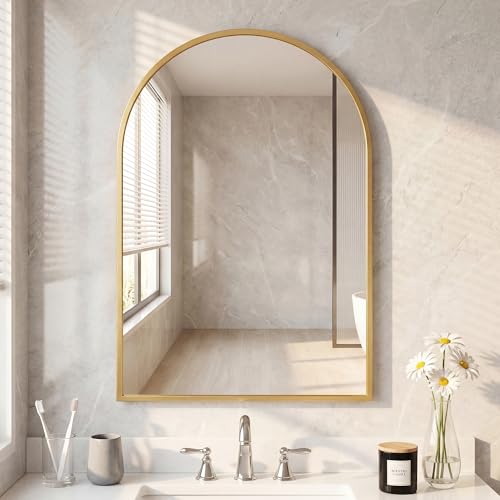 NEWBULIG 26"x38" Wall Mirror, Bathroom Mirrors for Over Sink, Gold | Matte Metal Framed Vanity Mirror with Tempered Glass, Entryway, Living Room, Bedroom - color: Glod-arched, size: 26"L x 38"W