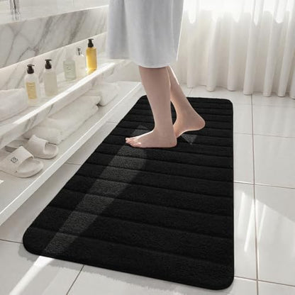 Luxury Long Bathroom Runner Rugs 24x60 Inch Bath Rug Non Slip, Black | Thick Soft and Absorbent Microfiber Bath Mat, Rubber Backing Striped Rug Carpets, Machine Washable Plush Mats - color: Black, size: 24" X 60"