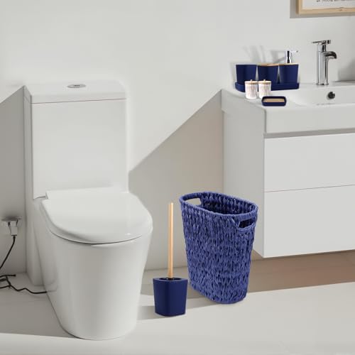 XLHOMO Navy Blue Bathroom Accessories Set with Wicker Trash Can Shower Curtain and Rugs,Bathroom Sets Small Waste Basket Bathroom Trash Can for Bedroom Bathroom - size: Wicker Bathroom Set+Shower Curtain+Bath Rugs, style: Navy Blue