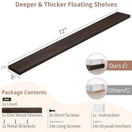 Floating Shelves for Wall, 72in Reclaimed Elm Wood Shelves, Walnut | 8" Deep Wall Shelf, Invisible Bracket, Large Long Wall Mounted Shelves, Living Room, Bedroom, Kitchen, Bathroom - color: Walnut Flat Edge, size: 72 inches - 1P