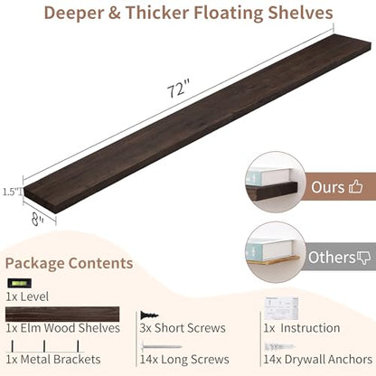 Floating Shelves for Wall, 72in Reclaimed Elm Wood Shelves, Walnut | 8" Deep Wall Shelf, Invisible Bracket, Large Long Wall Mounted Shelves, Living Room, Bedroom, Kitchen, Bathroom - color: Walnut Flat Edge, size: 72 inches - 1P