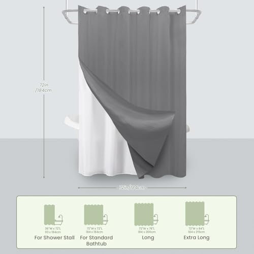 Inhousolu No Hook Shower Curtain with Removable Snap-in Liner, Waffle Weave 230 GSM Polyester, Weighted Hem, Water Repellent Washable, 72 x 72 Inch, Gray - color: Grey, size: 72"W x 72"L (Pack of 1)