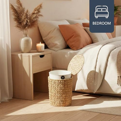 Coeusy 4 Gallon Wicker Trash Can with Lid, Small Bathroom Trash Can, Water Hyacinth Woven Waste Basket, Rattan Boho Decorative Garbage Can with Removable Liner for Bedroom, Home Office (Round,Natural) - size: 4 Gallon