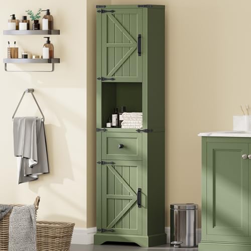 Vabches 66" Tall Farmhouse Bathroom Storage Cabinet with Barn Doors, Green | Narrow Storage Unit with Drawer, Adjustable Shelves & 5-Tier Space, Freestanding Cabinet for Bathroom, Entryway, Kitchen - color: Light Green