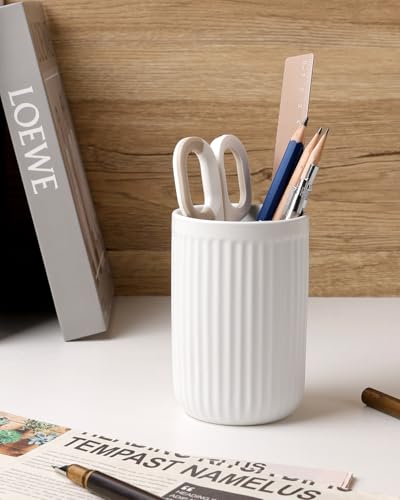 BosilunLife Ceramic Toothbrush Holder - 12oz Bathroom Toothbrush Holder Tooth Brush Holders Tumbler Cups Reusable Toothbrush Mouthwash Cup Small Toothbrush and Toothpaste Holder, Striped White - color: White-vsc, size: striped-cylinder