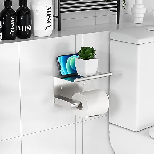 GLNLQ Brushed Nickel Toilet Paper Holder Wall Mount, Fits Mega Rolls Size Sliver Toilet Paper Holder with Shelf, Rustproof Stainless Steel Toilet Paper Roll Holder, Toilet Tissue Holder for Bathroom | Adhesive or Screw-in, Stainless Steel Material, Wall-M