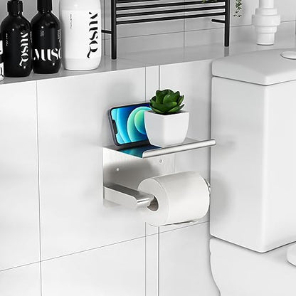 GLNLQ Brushed Nickel Toilet Paper Holder Wall Mount, Fits Mega Rolls Size Sliver Toilet Paper Holder with Shelf, Rustproof Stainless Steel Toilet Paper Roll Holder, Toilet Tissue Holder for Bathroom | Adhesive or Screw-in, Stainless Steel Material, Wall-M