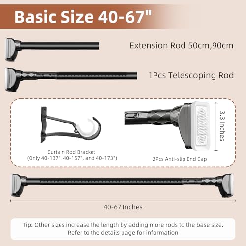Tension Curtain Rod 40-137" Extra Long Adjustable Curtain Rod No Drilling for Window Bathroom Patio Shower Rod Easy to Install Black - color: Black, size: 40-137"