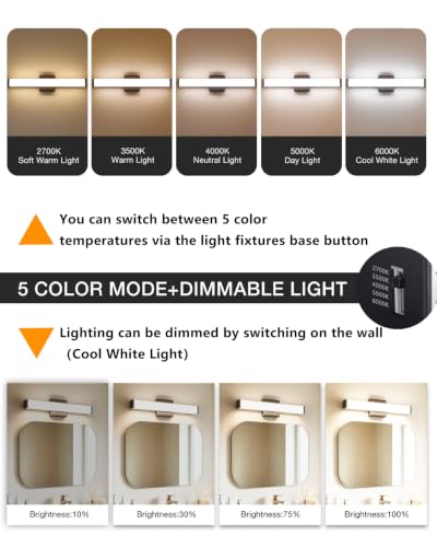 24" LED Vanity Light, 14W 5CCT Dimmable, Brushed Balck | Wall Bar Light, Rust & Moisture Resistant, Dimmable 2700K-5000K, Energy-saving, moisture-proof, Dresser Bathroom over Mirror - color: Matte Black, size: 24 inch 5CCTDimmable