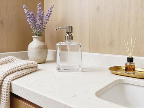 Square Clear Glass Dish Soap Dispenser, Antique Design Refillable Hand Soap Dispenser with Rust Proof Stainless Steel Pump, 13.5 oz Lotion Dispenser for Bathroom Vanity, Kitchen Countertop - color: Brushed Nickel, size: 13.5oz-Square