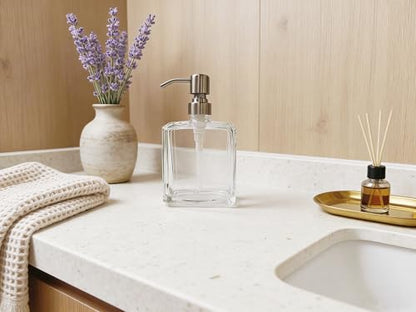 Square Clear Glass Dish Soap Dispenser, Antique Design Refillable Hand Soap Dispenser with Rust Proof Stainless Steel Pump, 13.5 oz Lotion Dispenser for Bathroom Vanity, Kitchen Countertop - color: Brushed Nickel, size: 13.5oz-Square
