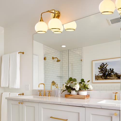 Brushed Gold Bathroom Light Fixtures 2-Lights Vanity Lights with Milky White Frosted Glass Shade Bathroom Vanity Light 14 inch Wall Sconce Lighting Bath(Exclude E26 Bulb) - color: Gold & Milky White, size: 2 Light