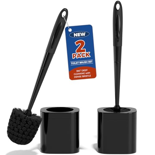 Holaloha Toilet Brush and Holder Set, Space Saving, 2 Pack, Black | Bathroom Accessories, Ergonomic Silicone Handle, Dense Bristles, Deep Cleaning, Scrubber, Compact Design - color: Black