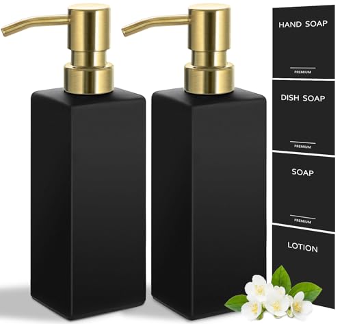 GMISUN Gold Soap Dispenser, Black Soap Dispenser Bathroom with Stainless Steel Pump, Hand and Dish Soap Dispensers Set for Kitchen, 12 fl oz/350ml Glass Liquid Refillable Lotion Dispenser Bottle - color: Black Bottle + Gold Pump