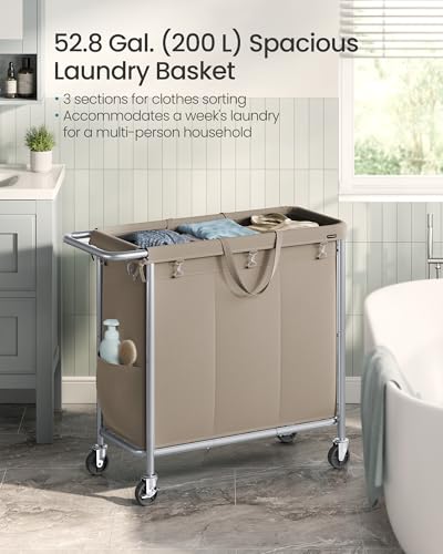 SONGMICS Laundry Basket with Wheels, 3-Section, 52.7 Gallons (199.5 L) | Rolling Laundry Hamper, Removable Liner, Steel Frame with Handle, 35.8 x 15.4 x 31.9 Inches, STEVIE Collection URLS005N01 - color: Camel Brown, size: 200 L (3-Section)