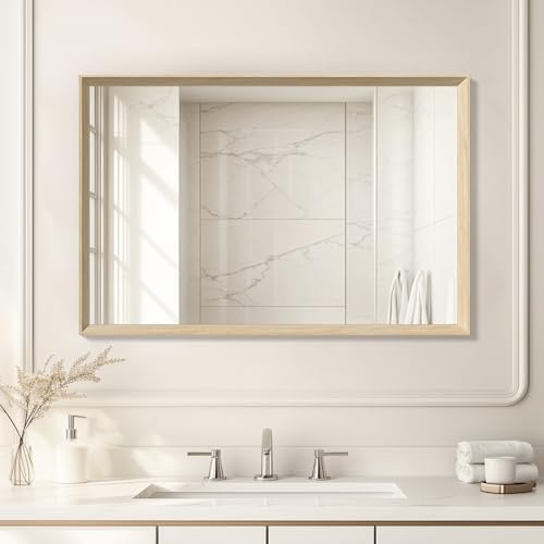 Oak Wood Effect Framed Wall Mirror, 24x36 Rectangle Mirror | Anti-desilvering Tempered Glass, Sustainable& Sturdy Frame, Farmhouse Mirror, Anti-Rust, 3min Setup for Bathroom Living Room - color: Oak Wood, size: 36"L x 24"W