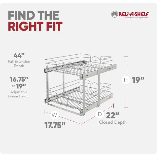 Rev-A-Shelf Pullout Organizer for Cabinets, Min Opening Width of 18" | STwo-Tier Steel Shelf for Kitchen or Vanity Cabinet Organization, Heavy Gauge Wire Slide Out Storage Basket, 5WB2-1822CR-1 - size: 18" W x 22"D, style: Two Tier