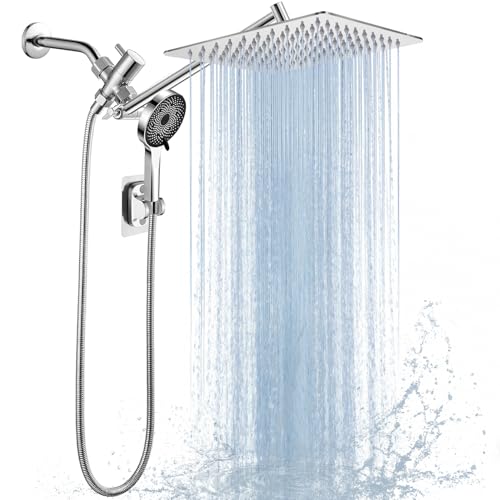 Shower Head,10”Rain Shower Head with Handheld Spray Combo with 11'' Angle Adjustable Extension Arm/Flow Regulator/Shower System,High Pressure Rainfall Shower Head Clean Bathroom,Matt Black - color: Sliver, size: 10 Inch