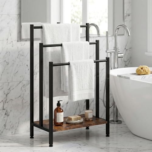 3 Tier Blanket Rack Stand, Freestanding Towel Rack with Wooden Shelf, 17.1" L x 11" W x 32" H, Quilt Display Stand for Bathroom, Bedroom, Living Room, Rustic Brown - color: Brown