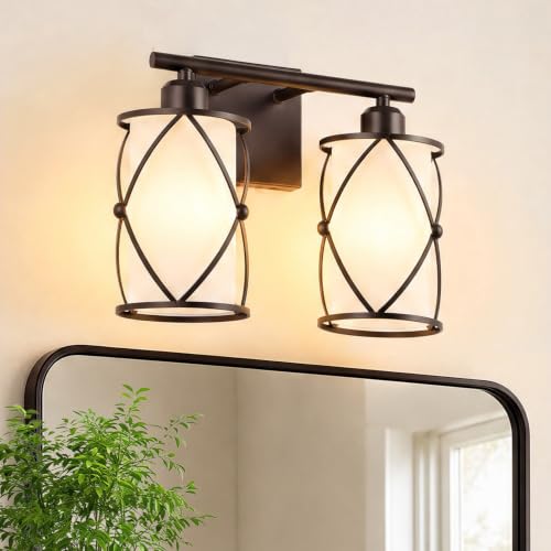 2-Light Oil Rubbed Bronze Bathroom Light Fixtures Over Mirror, 13.2" UL-Listed Modern Farmhouse Wall Sconce Lights with Milk White Frosted Glass and Metal Cage for Bath, E26, CH9176ORBW-2W - color: Bronze + Milk Glass, size: 2-Light, 13.8" L