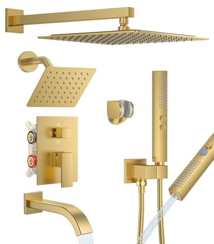 Rain Shower System with Rough-in Valve, Wall Mount Shower Faucet Set with 12" & 6" Dual Rain Shower Heads, 2-in-1 Handheld Shower, Tub Spout, 4-Function Complete Shower Fixture, Brushed Gold - color: Brushed Gold, size: Wall Mount-12"+6" head with Tub Spo