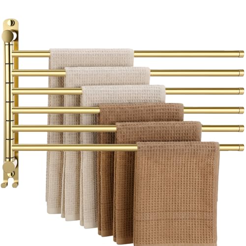 Teenyyou 20.4 Inches Swivel Towel Rack 304 Stainless Steel 6 Arms Bathroom Towel Rack Hanger Pool Holder Wall Mounted Swivel Bar Space Saving with Hook(Gold) - color: Gold, size: 20.4 Inches, style: 6 Arms