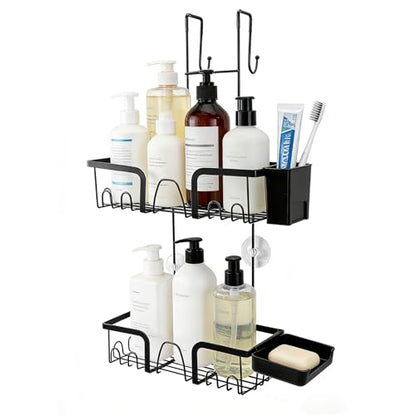 Widousy Over The Door Shower Caddy, No Drilling Shower Shelves Over Door with Soap Holders, Black Rustproof Shower Organizer over the Door, 10 Hooks, Bathroom Rack and Storage