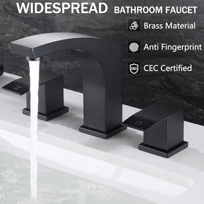 3 Hole Bathroom Faucet Matte Black, 2 Handle 8 inch Widespread Bathroom Sink Faucet with Pop Up Drain and cUPC Supply Hose, Black Bathroom Vanity Faucet 3 Hole WI37151BK | 2 Handle Sink Faucet with Pop Up Drain and cUPC Supply Hose, Stainless Steel Square