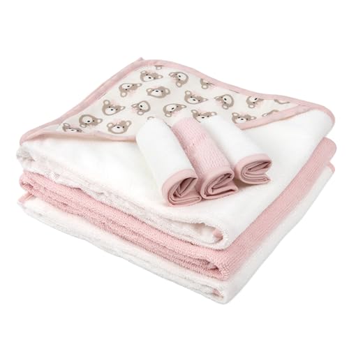 Hooded Baby Bath Towel and Washcloth 6 Piece Set for Newborns, Infants & Toddlers, Boys & Girls Baby Hooded Towels Set (Pink Bows and Teddy Bears) - color: Pink Bows and Teddy Bears