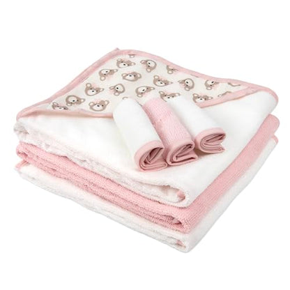 Hooded Baby Bath Towel and Washcloth 6 Piece Set for Newborns, Infants & Toddlers, Boys & Girls Baby Hooded Towels Set (Pink Bows and Teddy Bears) - color: Pink Bows and Teddy Bears